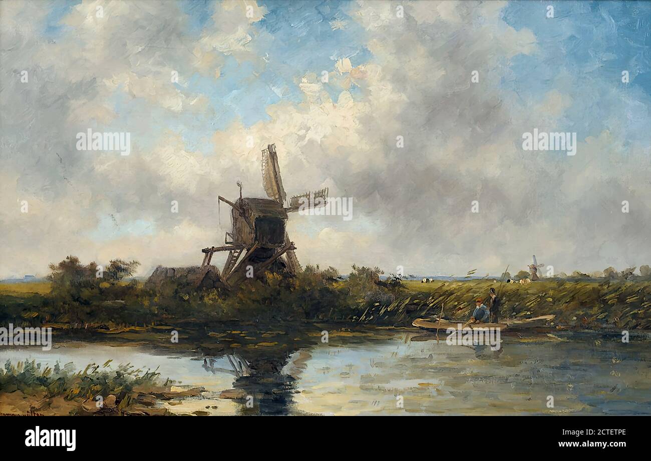 Elten Hendrik Dirk Kruseman Van - Landschaft mit Windmühle - Niederländische Schule - 19. Jahrhundert Stockfoto