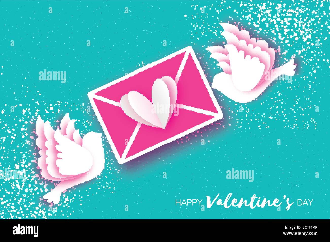 Origami Happy Valentinstag Grußkarte. Flying Love Birds, Mail Love und Umschlag in Papierschnitt-Stil. Romantische weiße Tauben küssen. Sei mein Valen Stock Vektor