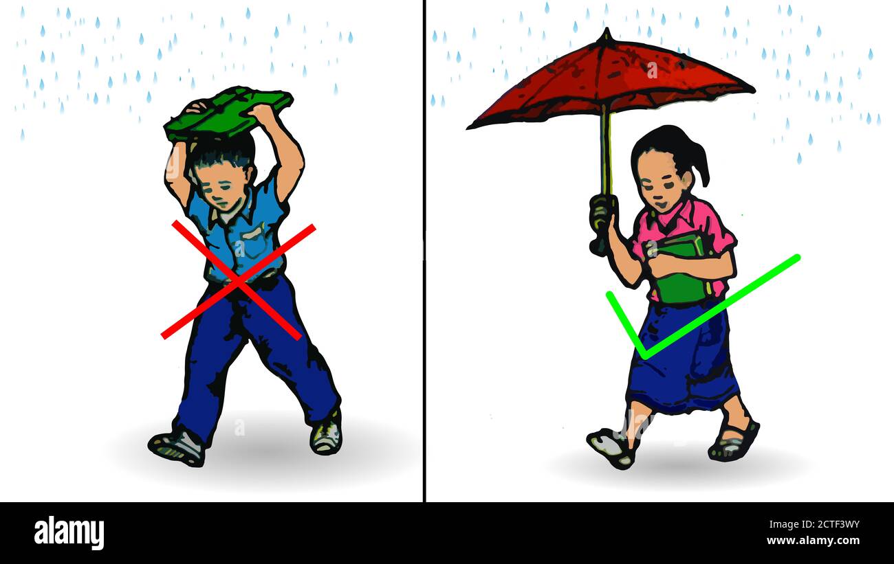 Verwenden Sie Regenschirm bei Regen, verwenden Sie Ihre Tasche oder Kleidung nicht flach vektor Stockfoto