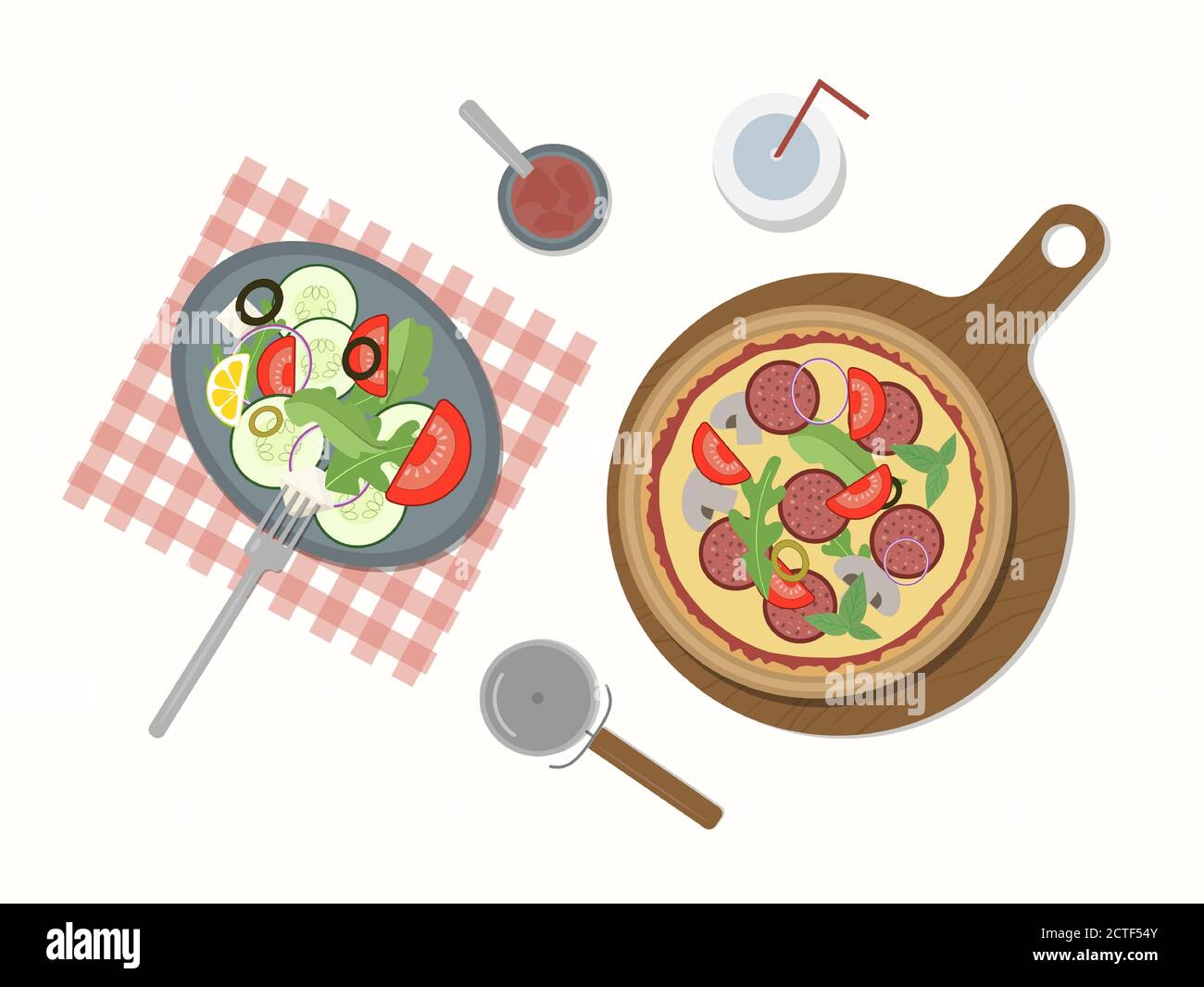Essen flach Design einschließlich Pizza, Salat, Sauce. Draufsicht. Vektorgrafik für ein Restaurant, Menü Stock Vektor