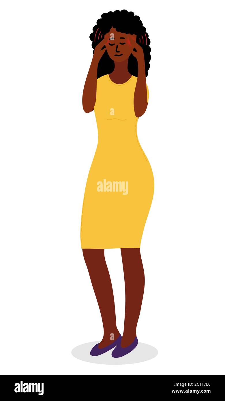 Schwarze afrikanische Frau in roten Kleid fühlt sich eine starke starke starke Kopfschmerzen. Sie drückte ihre Finger an ihre Schläfen. Erdulde Schmerzen. Cartoon Vektorgrafik Stock Vektor
