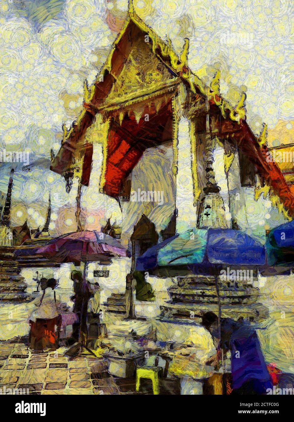 Wat Phra Chetuphon (Wat Pho), befindet sich hinter dem herrlichen Tempel des Smaragd Buddha Illustrationen schafft einen impressionistischen Stil der Malerei. Stockfoto