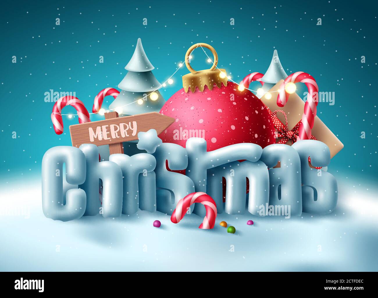 Weihnachten 3d Text Vektor Konzept Design. Frohe weihnachten Gruß Typografie mit Miniatur-Dekoration im Schnee Winter Hintergrund für Weihnachten Urlaub Stock Vektor