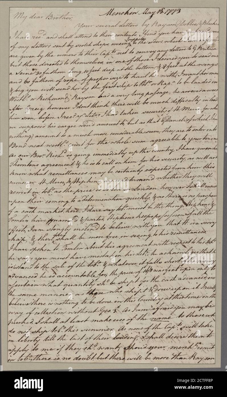 Brief an William Lee, London., Text, Dokumente, 1773, Lee, Francis Lightfoot Stockfoto