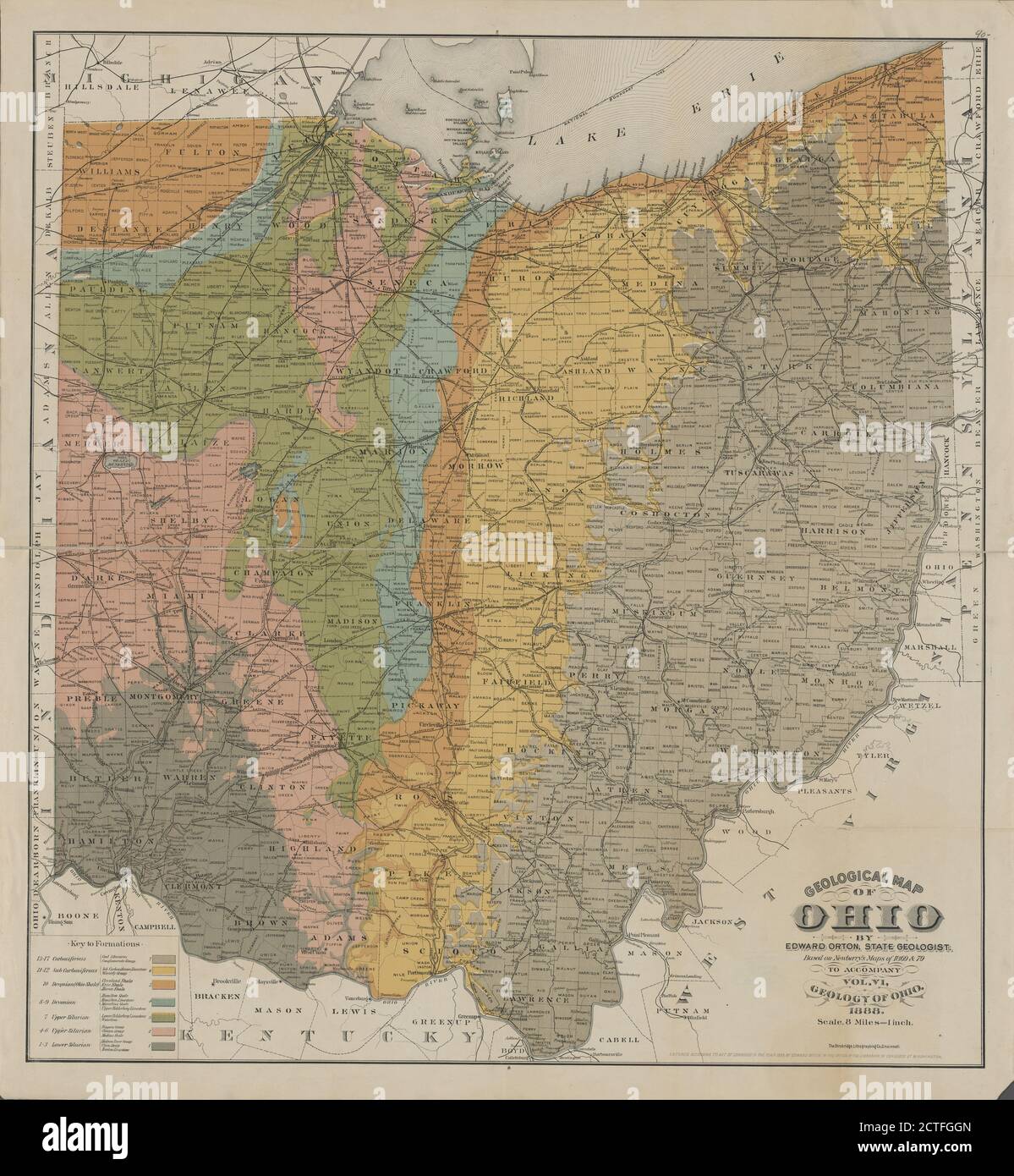 Geologische Karte von Ohio , Kartographie, Karten, 1888, Orton, Edward, 1829-1899, Newberry, J. S. (John Strong), 1822-1892, Strobridge Lithographing Company Stockfoto