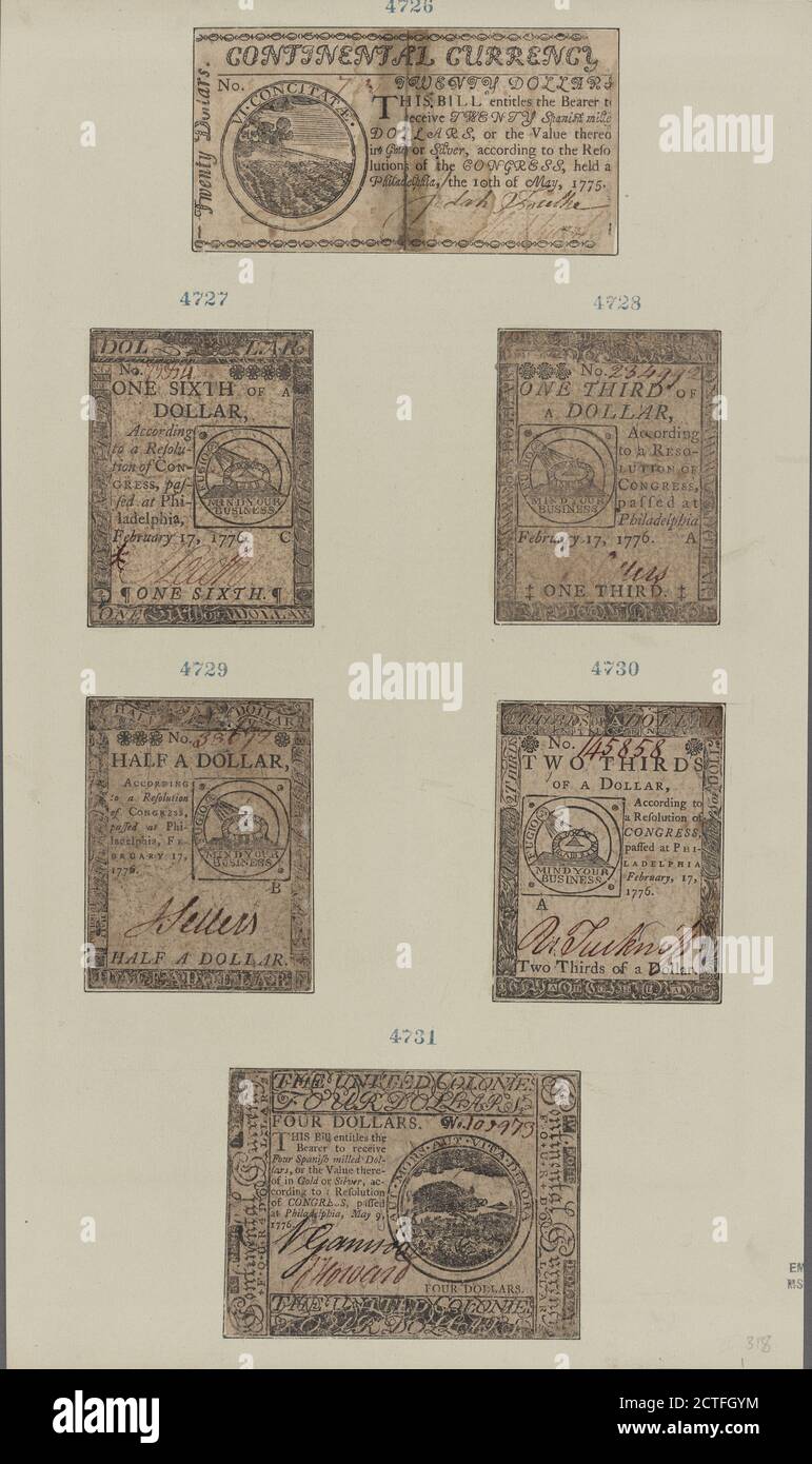 Papiergeld, Standbild, Dokumente, 1776, Vereinigte Staaten Stockfoto
