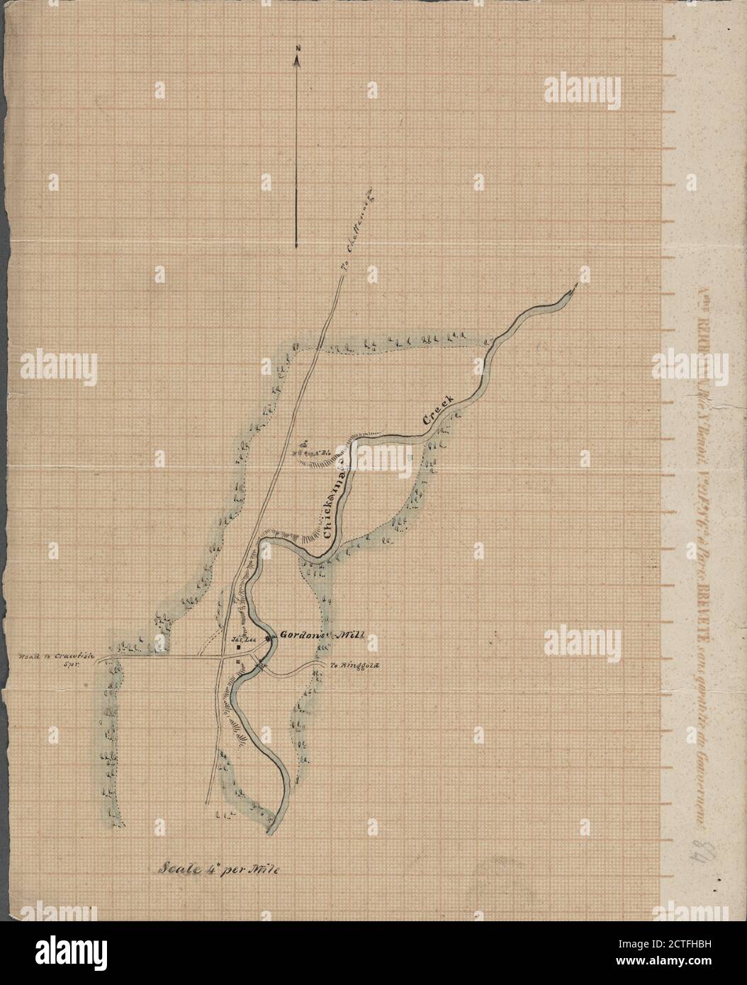 Manuskriptkarte eines etwa 2-Meilen-Segments des Chickamaga (das heißt, West Chickamauga) Creek, südlich von Chattanooga, Tennessee, südlich des Chickamauga Battlefield, und westlich von Ringgold, Georgia, kartografisch, Maps, 1863 Stockfoto