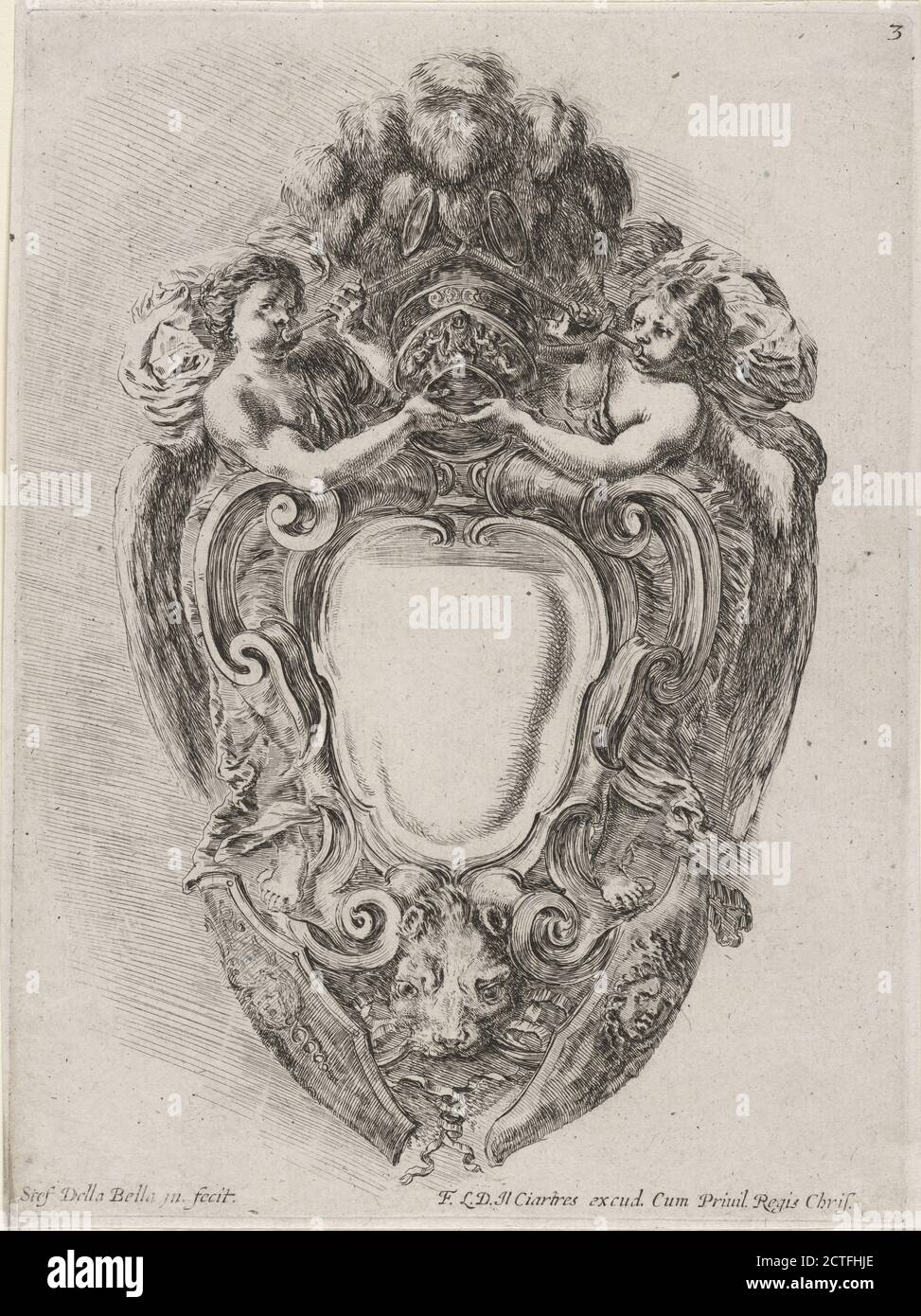 Cartouche dont l'encadement offre, en Bas, une tête de Lion et deux boucliers..., still image, Prints, 1646, della Bella, Stefano, 1610-1664 Stockfoto