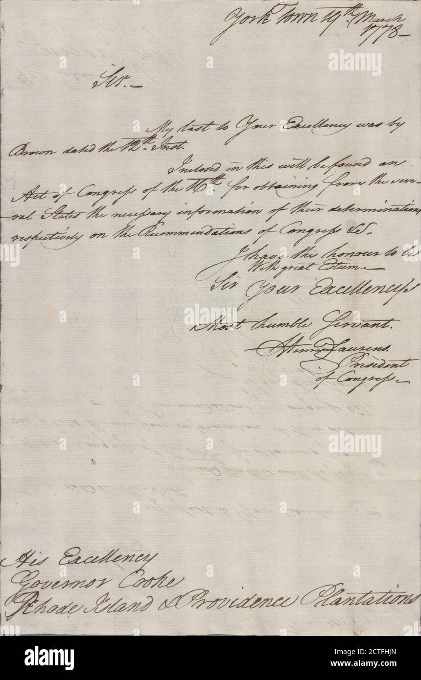 Brief an Nicholas Cooke, Gouverneur von Rhode Island, Text, Dokumente, 1778, USA. Kongress, Continental, 1775–1789 Stockfoto