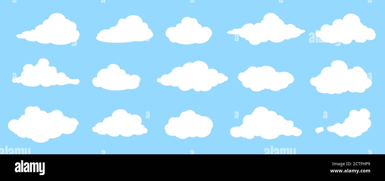 Satz weißer flacher Wolkensymbole auf blauem Hintergrund isoliert Stock Vektor