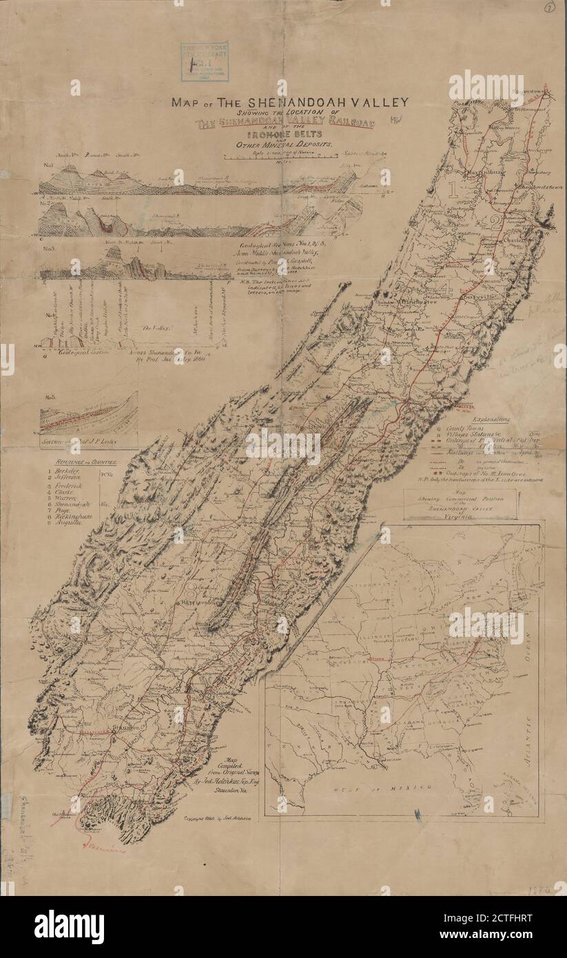 Karte des Shenandoah-Tals , Kartographie, Karten, 1880, Hotchkiss, Jedediah, 1828-1899, Campbell, J. L. (John Lyle), 1818-1886, Lesley, J. P. (J. Peter), 1819-1903 Stockfoto