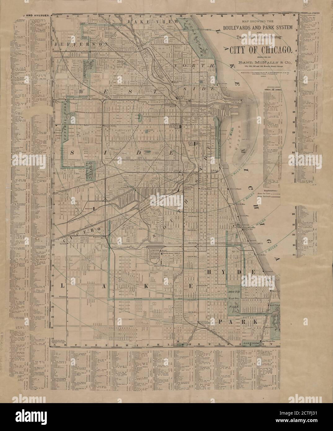 Karte zeigt die Boulevards und Park-System und zwölf Meilen der Seeufer Fassade der Stadt Chicago , Kartographie, Maps, 1881, Rand McNally und Company Stockfoto