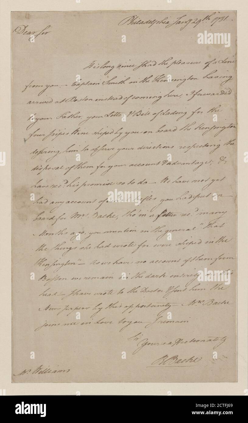 Brief an Jonathan Williams, jr., Nantes, Text, Dokumente, 1781, Bache, Richard Stockfoto