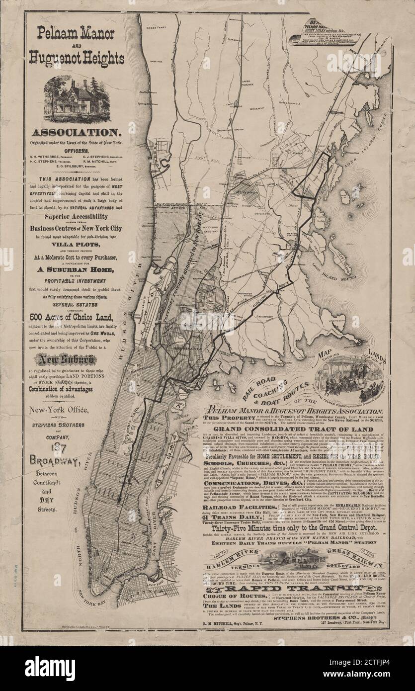 Karte zeigt die Lage der Ländereien der Pelham Manor & Huguenot Heights Association und ihre Eisenbahnverbindungen mit New York City., kartografisch, Maps, 1874 Stockfoto