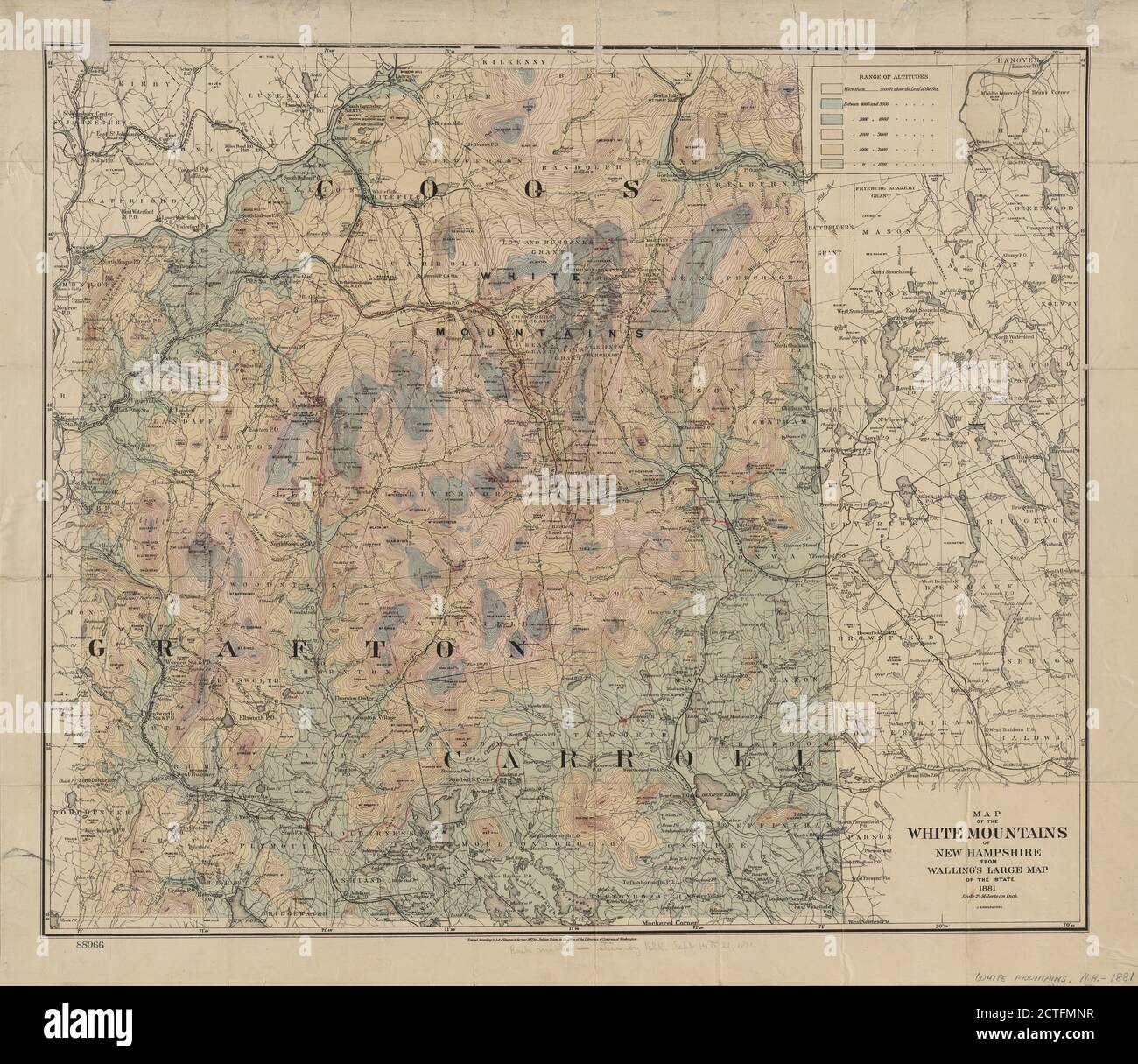 Karte der White Mountains von New Hampshire von Wallings großer Karte des Staates, 1881, kartografisch, Karten, 1881, Walling, Henry Francis, 1825-1888 Stockfoto