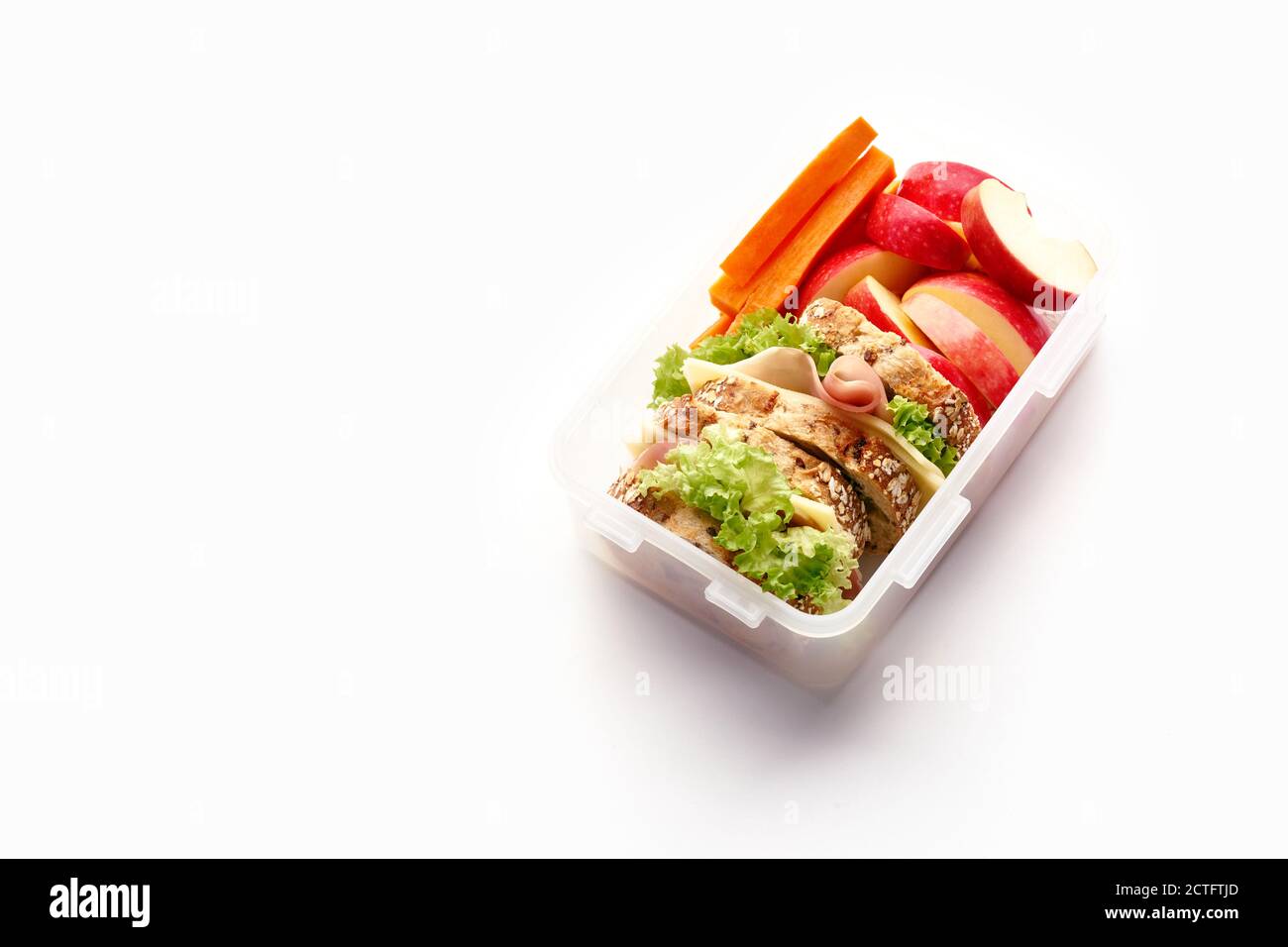 Schulessen, Blick von oben. Gesunde nahrhafte Mahlzeit in Behälter von oben. Stockfoto
