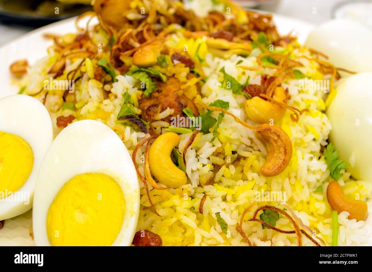 Nahaufnahme von Huhn Biryani Teller mit geschnittenen Eiern in der Vordergrund mit gebratenen Zwiebeln und Cashewnüssen darauf verteilen Stockfoto