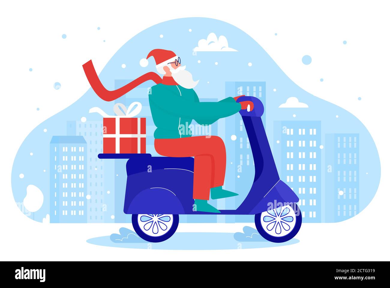 Santa liefert Geschenke Vektor Illustration. Cartoon Wohnung Xmas Kurier Charakter Reiten Roller, Arbeiten in Weihnachten Geschenk-Box Lieferung, Online-Shop Urlaub Versand-Service isoliert auf weiß Stock Vektor