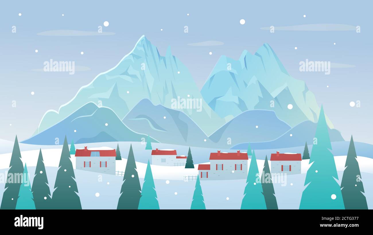 Berglandschaft im Winter Vektorgrafik. Cartoon flach gefrorene Natur bergige Landschaft mit Häusern im Dorf auf Schneehügeln und Wald Pinien während Schneefall Winterzeit Szene Hintergrund Stock Vektor