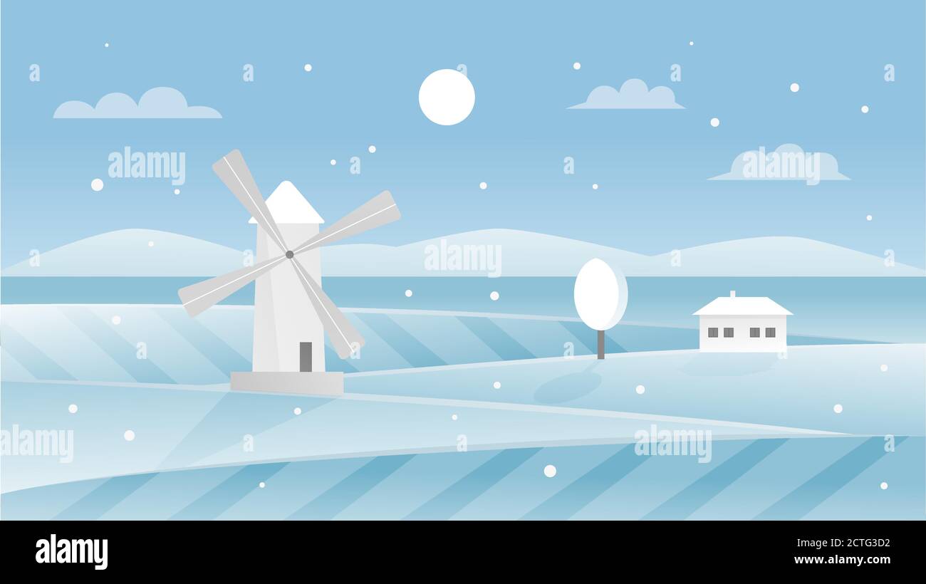 Vektorgrafik Winterlandschaft. Cartoon Flachpanorama Schneelandschaft mit Dorf Windmühle und Bauernhof auf Frost Hügeln mit Schnee bedeckt, idyllische Tageszeit in Landschaft blauen landschaftlichen Hintergrund Stock Vektor