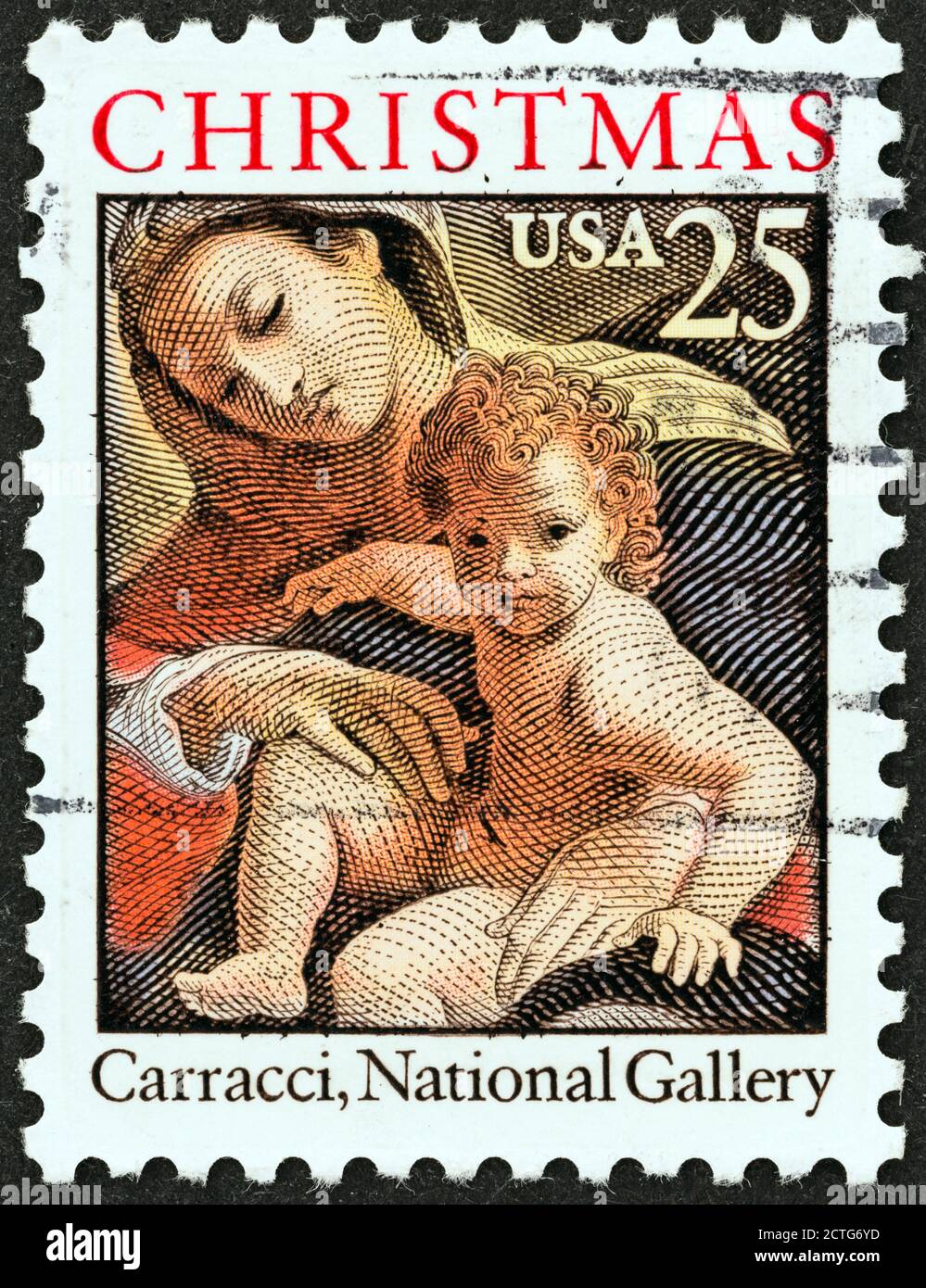 USA - UM 1989: Eine in den USA gedruckte Briefmarke aus der Ausgabe "Weihnachten" zeigt den Traum der heiligen Katharina von Alexandria (Ludovico Carracci), Nationalgalerie. Stockfoto