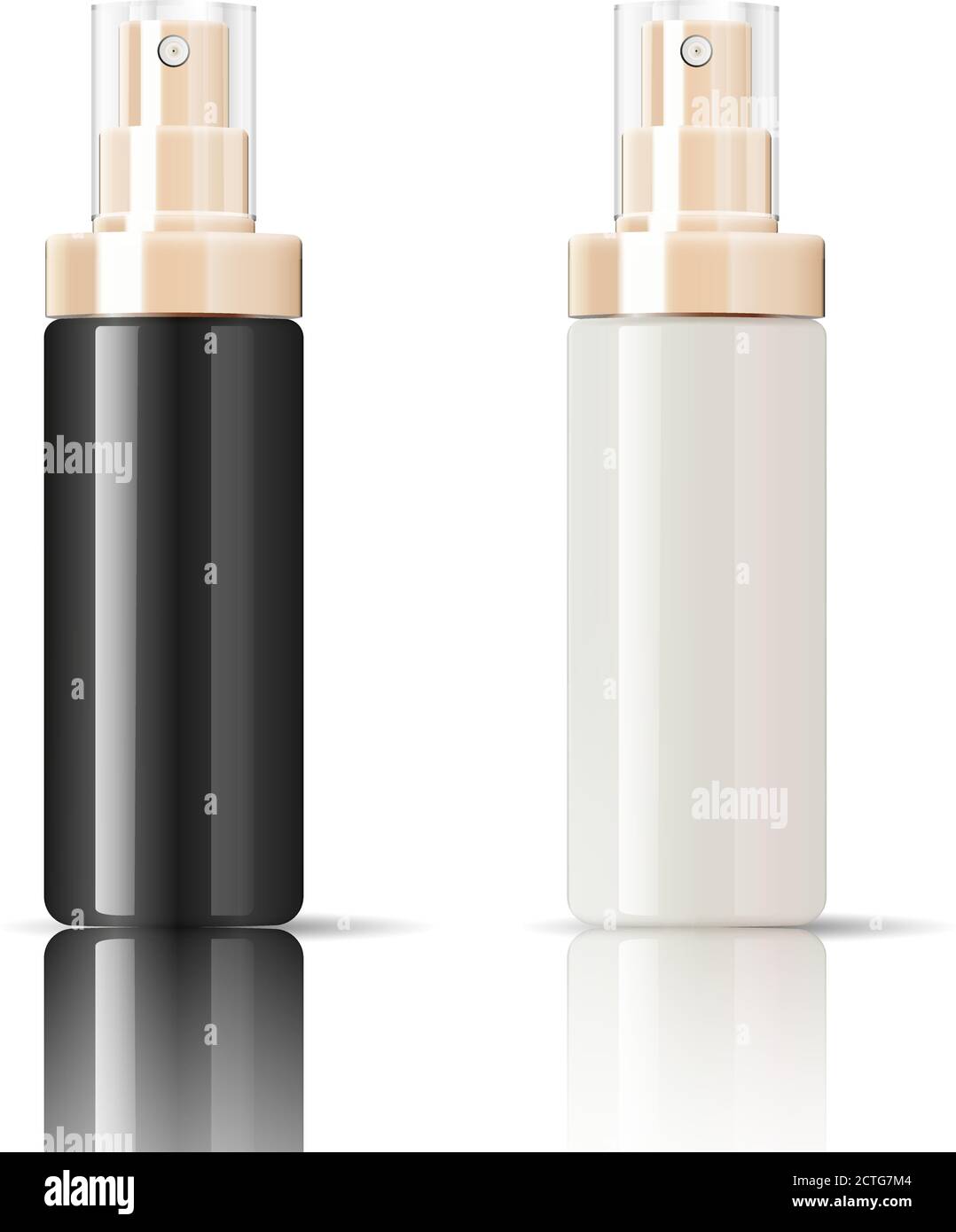 Schwarze Kosmetikflasche kann Spritzbehälter in realistischem glänzendem Glas oder Kunststoff. Zerstäuber Spender Spray Mockup Schablone für Creme, Emulsi Stock Vektor