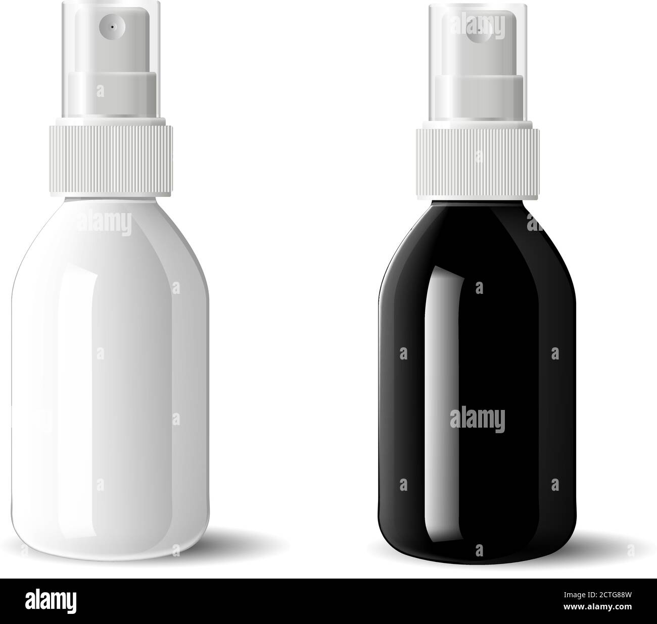 Realistische schwarz und weiß glänzend Glas oder Kunststoff Kosmetikflaschen können Sprühgerät Behälter Set. Dispenser-Cockup-Vorlage für Sahne, Suppen und andere Co Stock Vektor