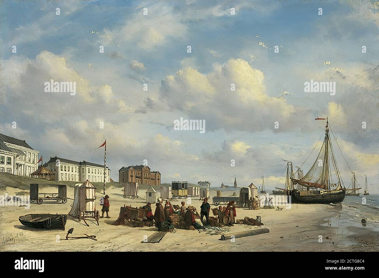 Schiffedges i Petrus Paulus - Een Visafslag en elegant Gezelschap Op Het Strand Van Scheveningen - Niederländische Schule - 19 Jahrhundert Stockfoto