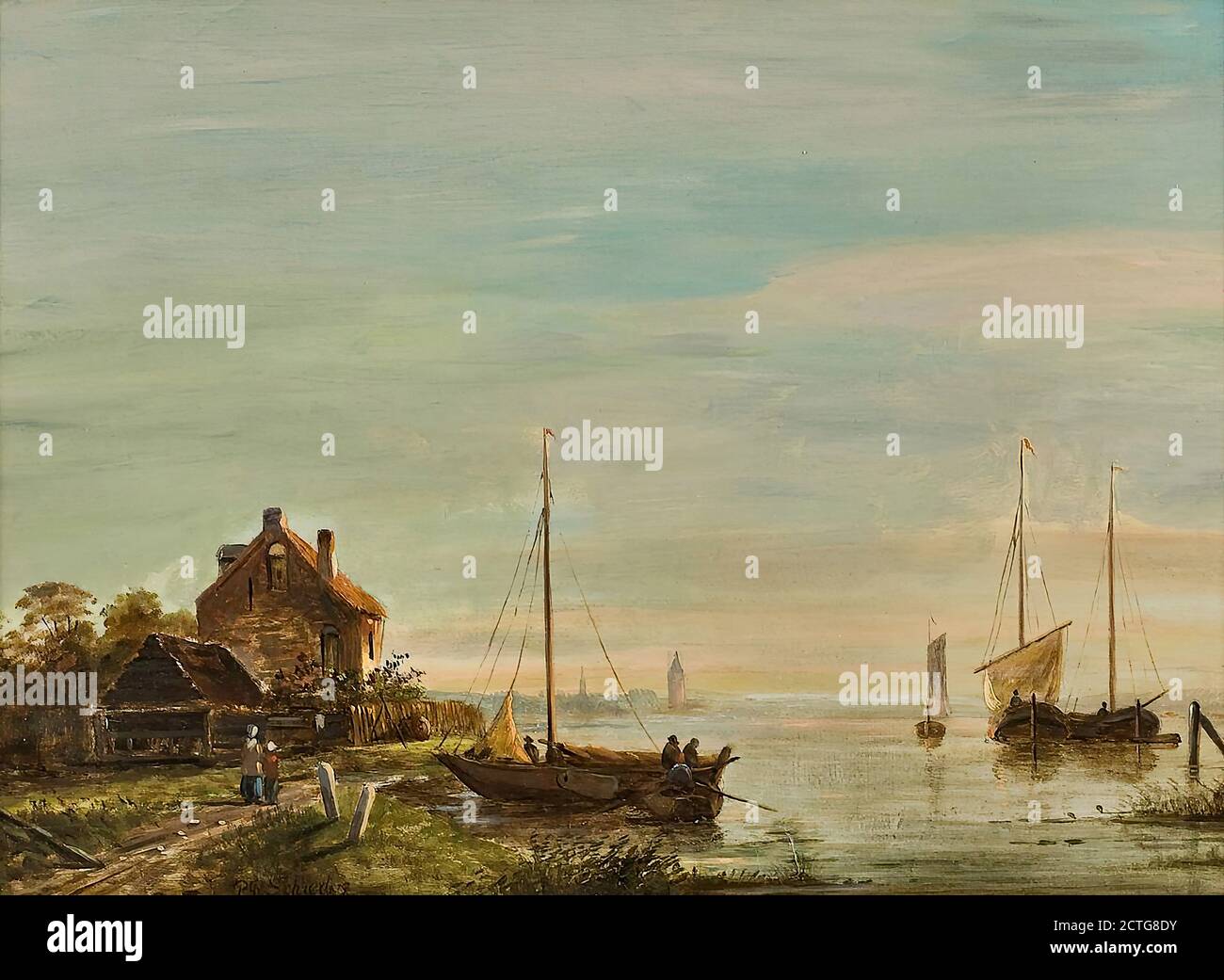 Schiffedges II Petrus Paulus - Flusslandschaft mit Booten - Niederländisch Schule - 19. Jahrhundert Stockfoto