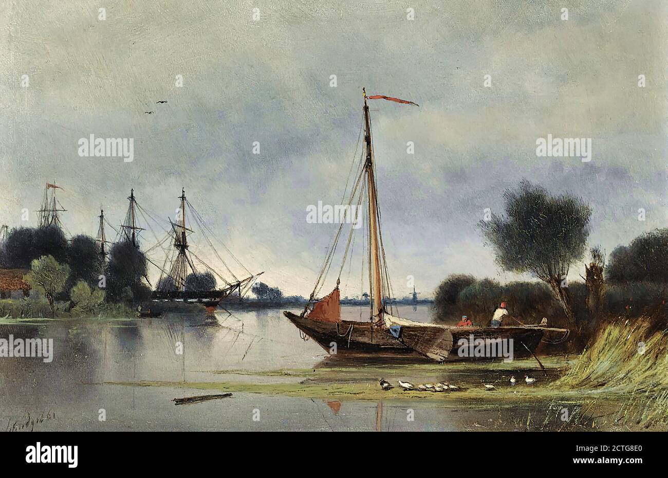 Schiffedges I Petrus Paulus - Schifffahrt vor einer Flussbank - Holländische Schule - 19. Jahrhundert Stockfoto