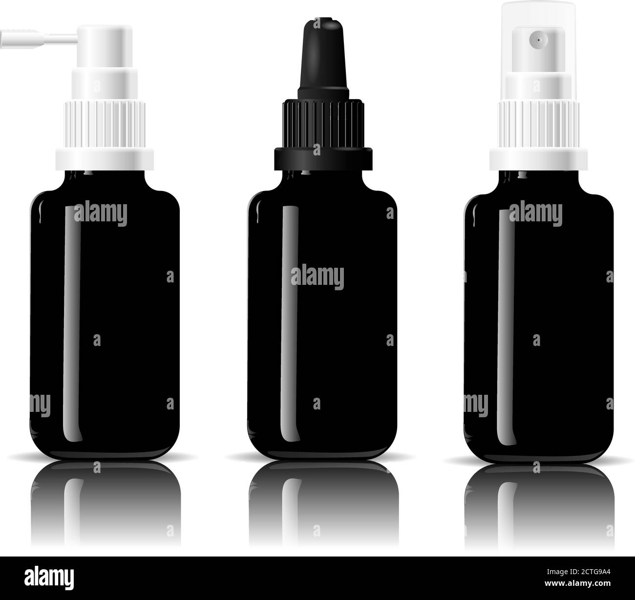 Realistische schwarze glänzende Glas oder Kunststoff medizinischen Flaschen Set Tropferspender Spray. Mockup-Vorlage für Serum und andere Kosmetika oder medizinische Produkte Stock Vektor