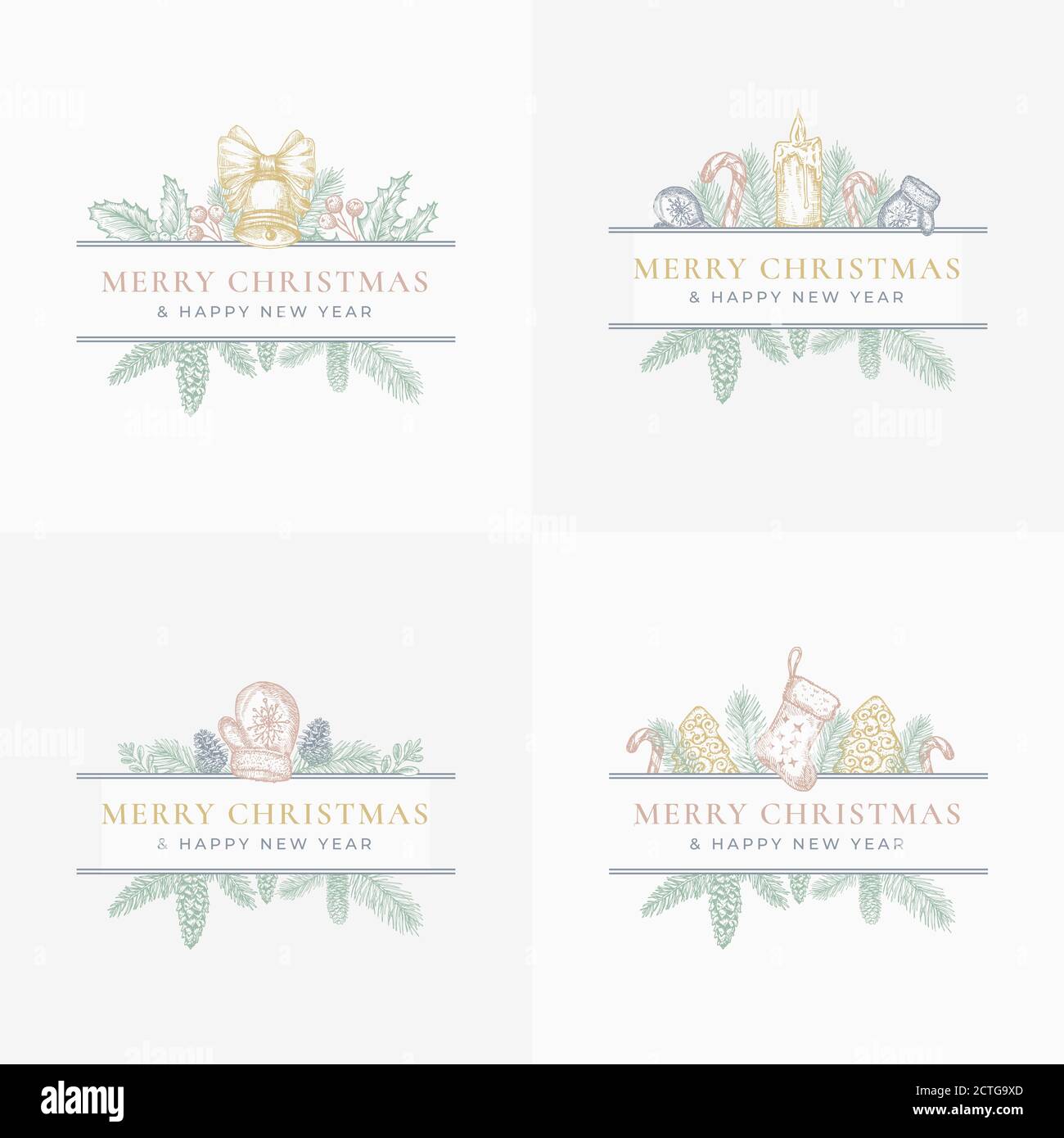 Merry Christmas abstrakte botanische Etiketten oder Karten-Kollektion mit rechteckigen Rahmen Banner. Premium Pastell Farbe Hintergrund Grußskizzen Layouts Stock Vektor