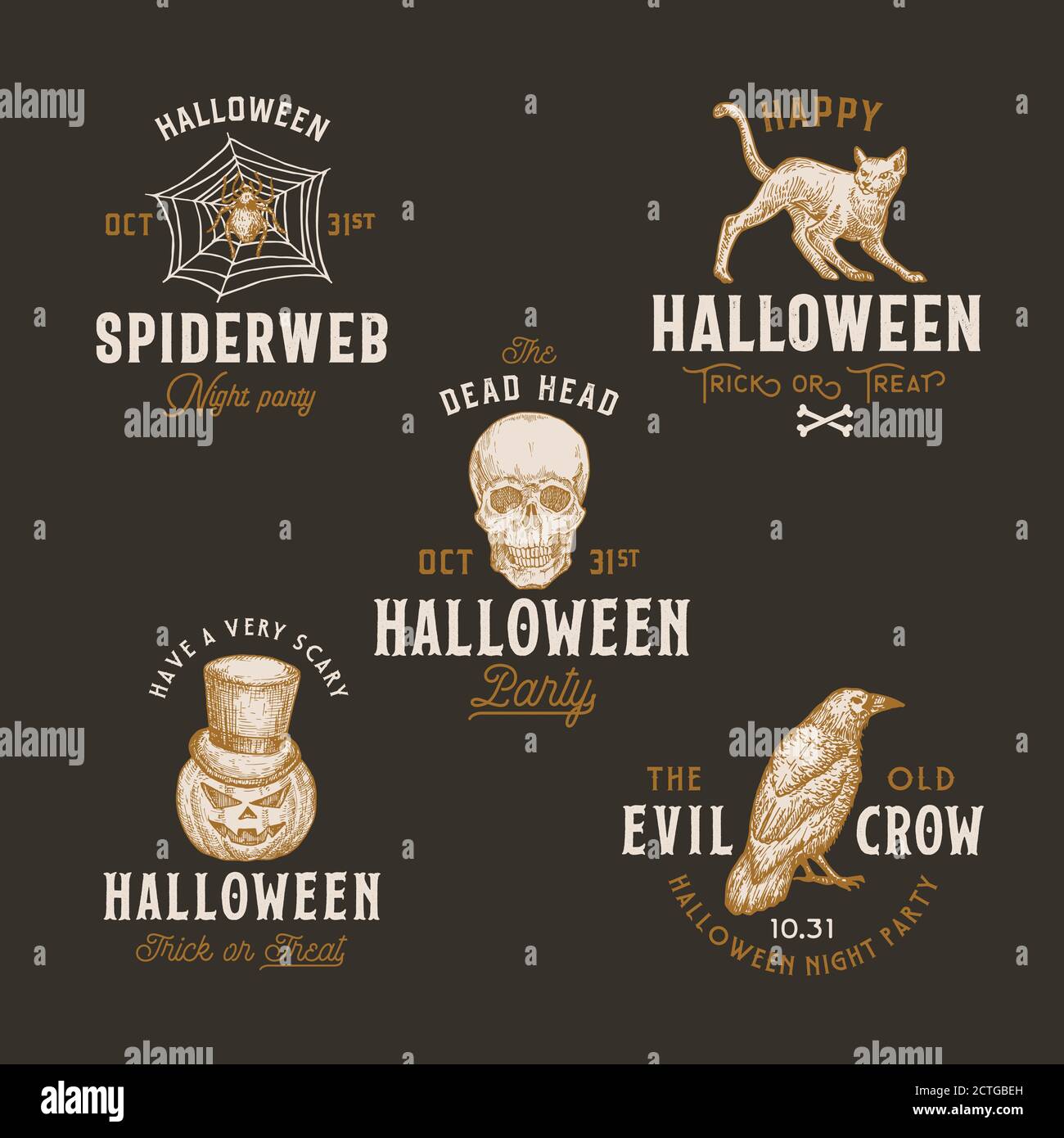 Vintage Style Halloween Logos oder Labels Template Set. Hand gezeichnete Spinnennetz, Kürbis, Sculls, Crow oder Raben, und Katze Skizze Symbole Sammlung. Retro Stock Vektor