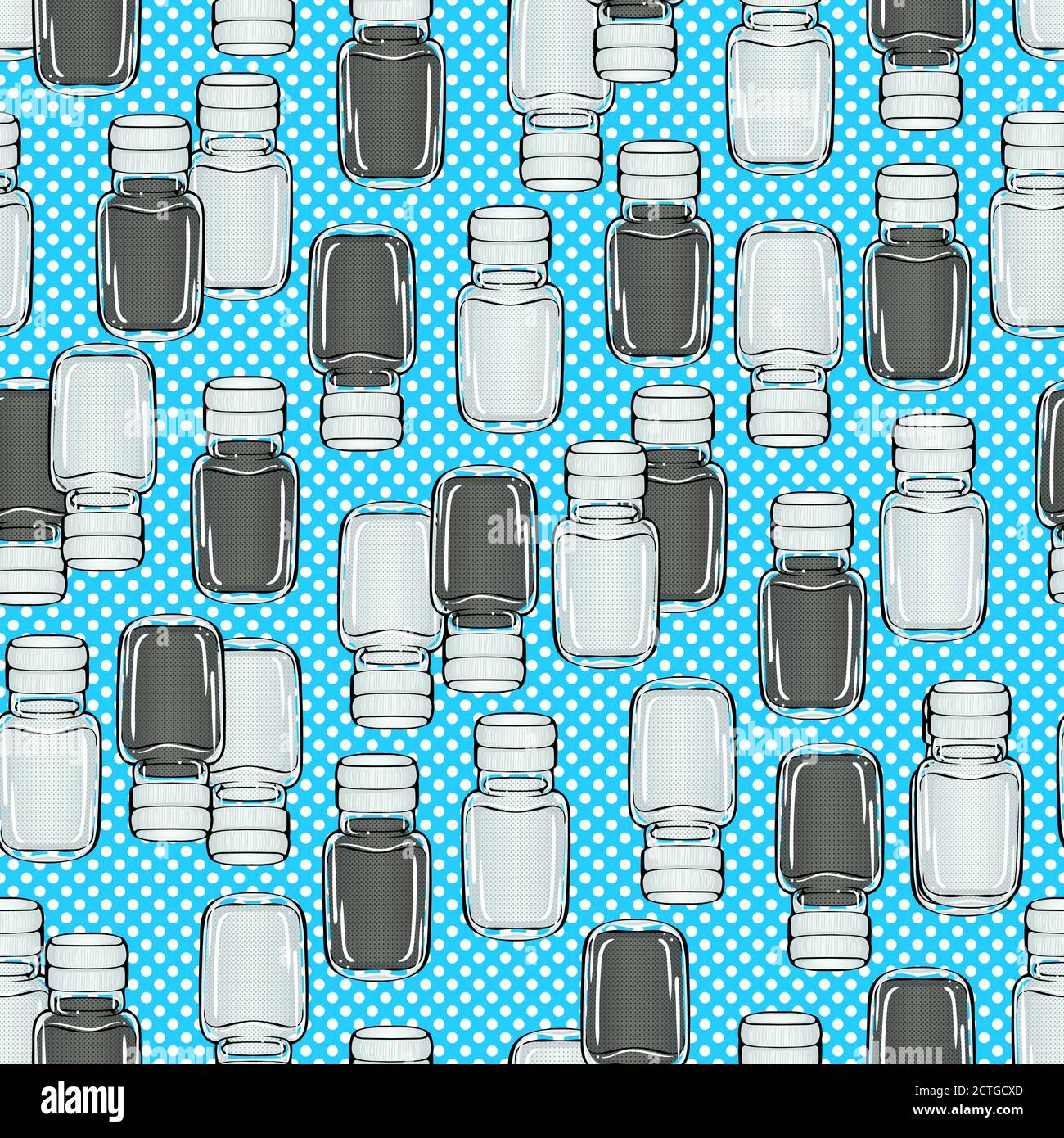 Cartoon bunte helle Salz Shaker und Pfeffer Shaker auf blauem Hintergrund nahtlose Muster. Vektor-Illustration in Pop-Art-Stil Textur für Restaurant oder Café Menü Banner, Textil, Geschenkpapier Stock Vektor