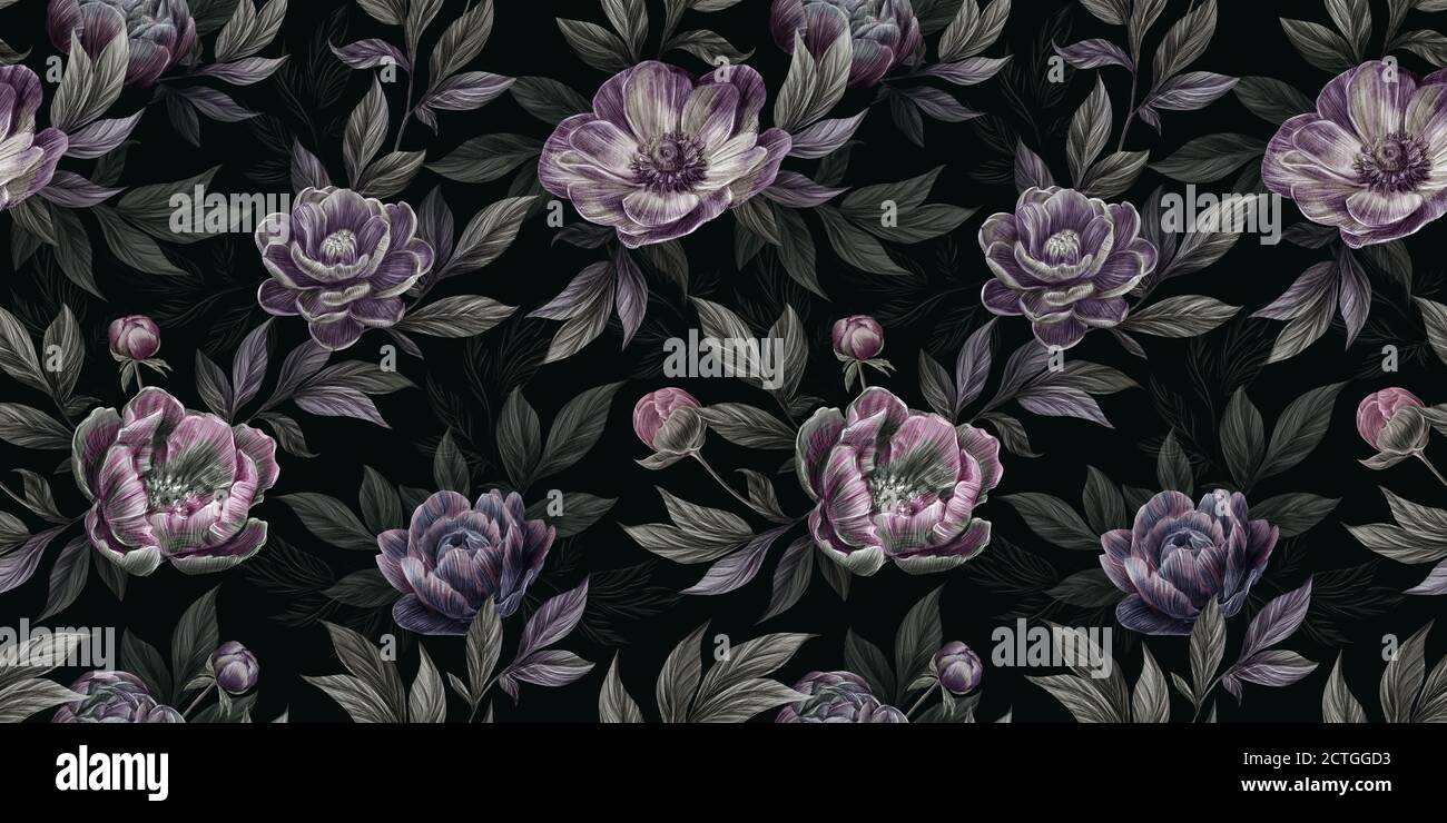 Florales nahtloses Grafikmuster mit Vintage Pfingstrosen, Blättern und anderen Blumen. Handgezeichnete Illustration. Glamouröses Design Briefpapier, Stoff Stockfoto