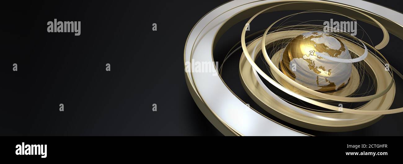 3D-Rendering einer glolden Erde mit Wirbeln, die Umlaufbahnen suggerieren Und Drehung Stockfoto
