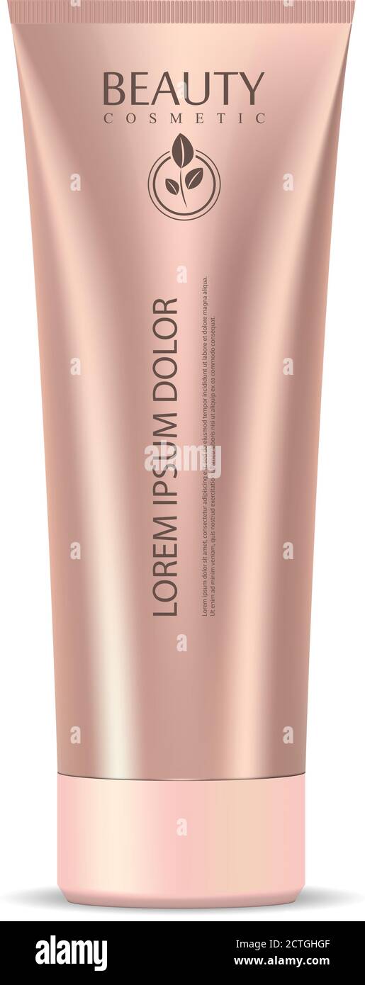 Kosmetische Tube Mockup Schablone in Roségold Farbe. Glas für Creme, Salbe, Maske, Ton, Feuchtigkeitscreme. Hochwertige Vektorverpackungen. Stock Vektor