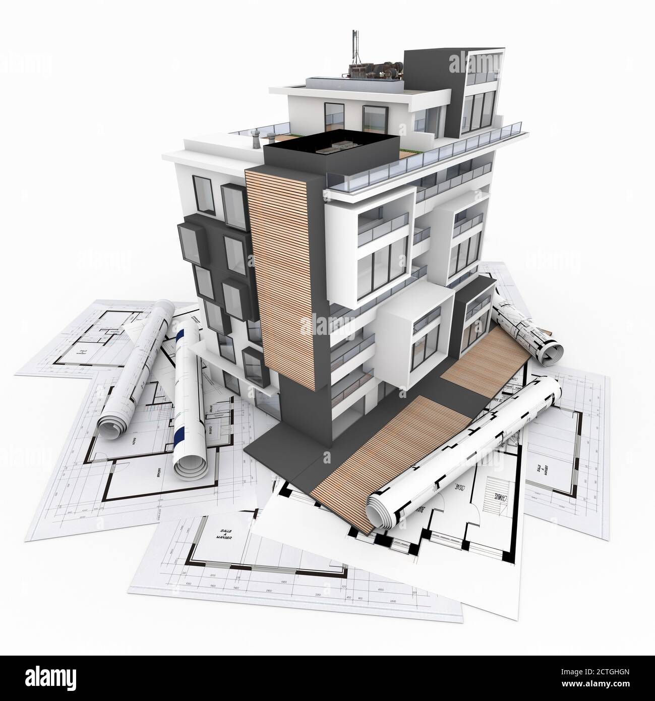 3D-Darstellung eines modernen Wohnhauses mit Garten und Blaupausen im Hintergrund Stockfoto