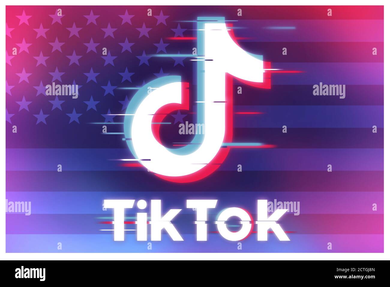 Washington, USA 23. September - 2020: TikTok-Logo mit Glitch-Effekt mit amerikanischer Flagge im Hintergrund. Stockfoto
