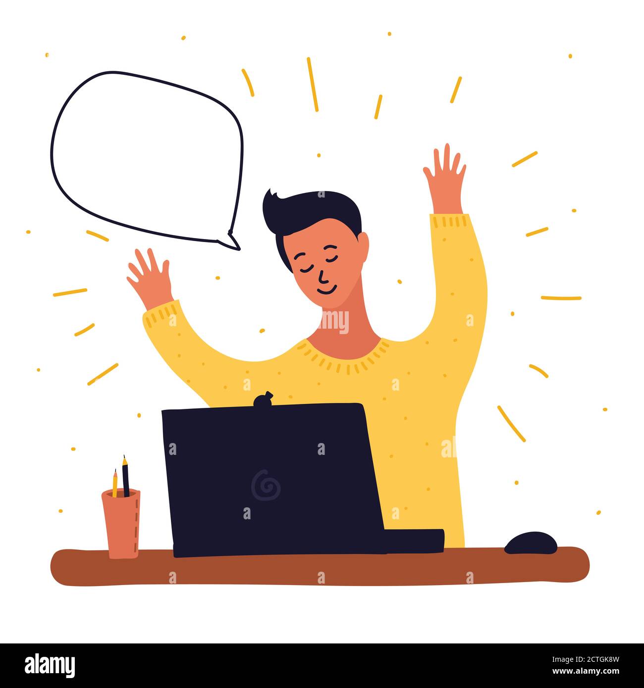 Vektor-Cartoon-Illustration von Jungen Blogging im Internet, lernen oder Spiel zu spielen. Einige Ausrufezeichen um ihn herum und Sprechblase. E-Learning, Remote Stock Vektor