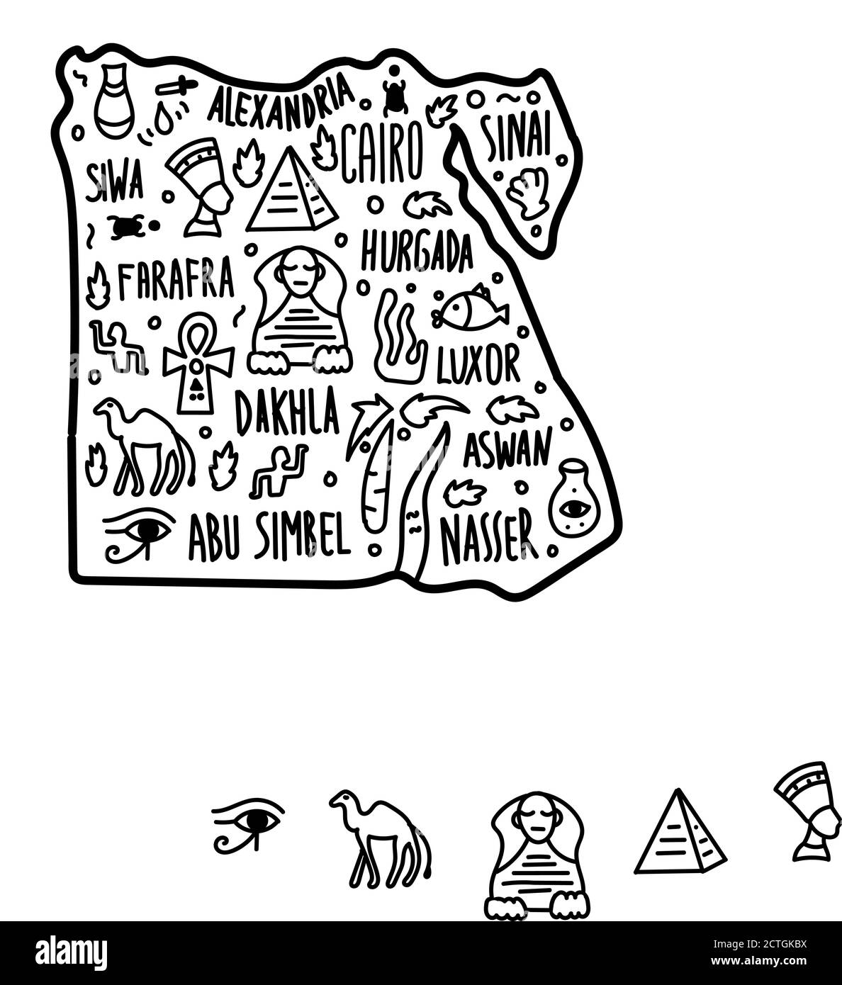 Handgezeichnete Doodle Ägypten Karte. Stadtnamen Schriftzug und Cartoon Sehenswürdigkeiten, Sehenswürdigkeiten Cliparts. Trip Comic Infografik Poster, Banner-Konzept Stock Vektor