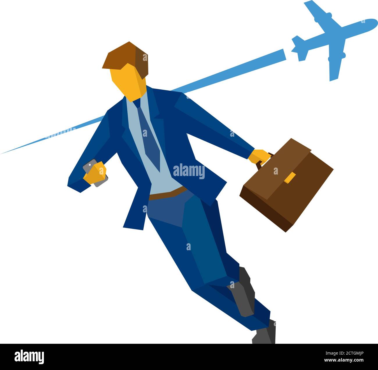 Geschäftsmann mit Smartphone und Fall Rauschen. Mit fliegendem Flugzeug im Hintergrund. Geschäftskonzept - Eile, Verspätung, verlorene Zeit. Flacher Vektorclip Stock Vektor