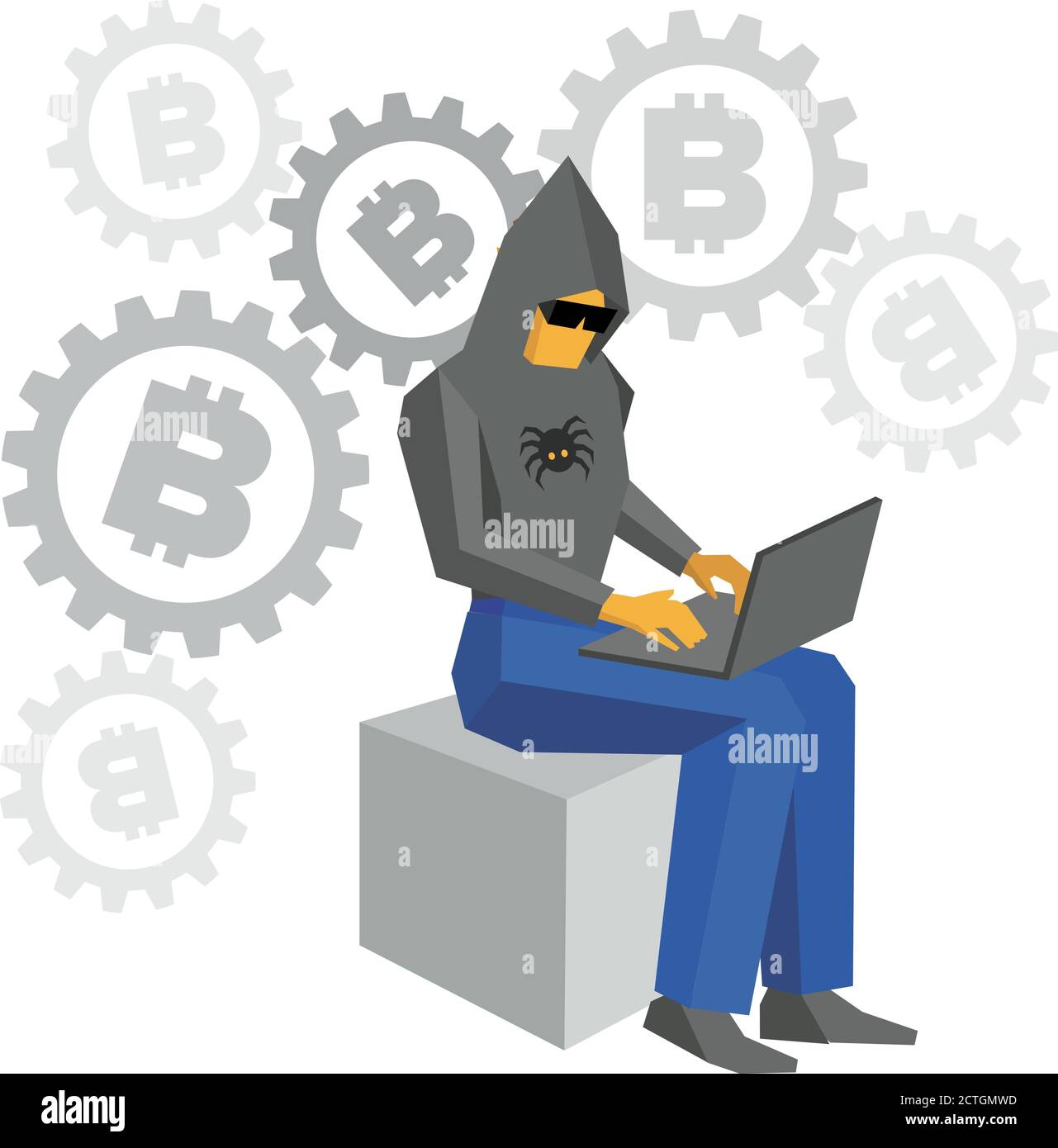 Computerhacker sitzen mit Laptop. Zahnräder mit Bitcoins hinten. Mann im schwarzen Kapuzenpulli mit Spinne und dunkler Brille, die mit dem Computer arbeitet. Cyberkriminalität Co Stock Vektor