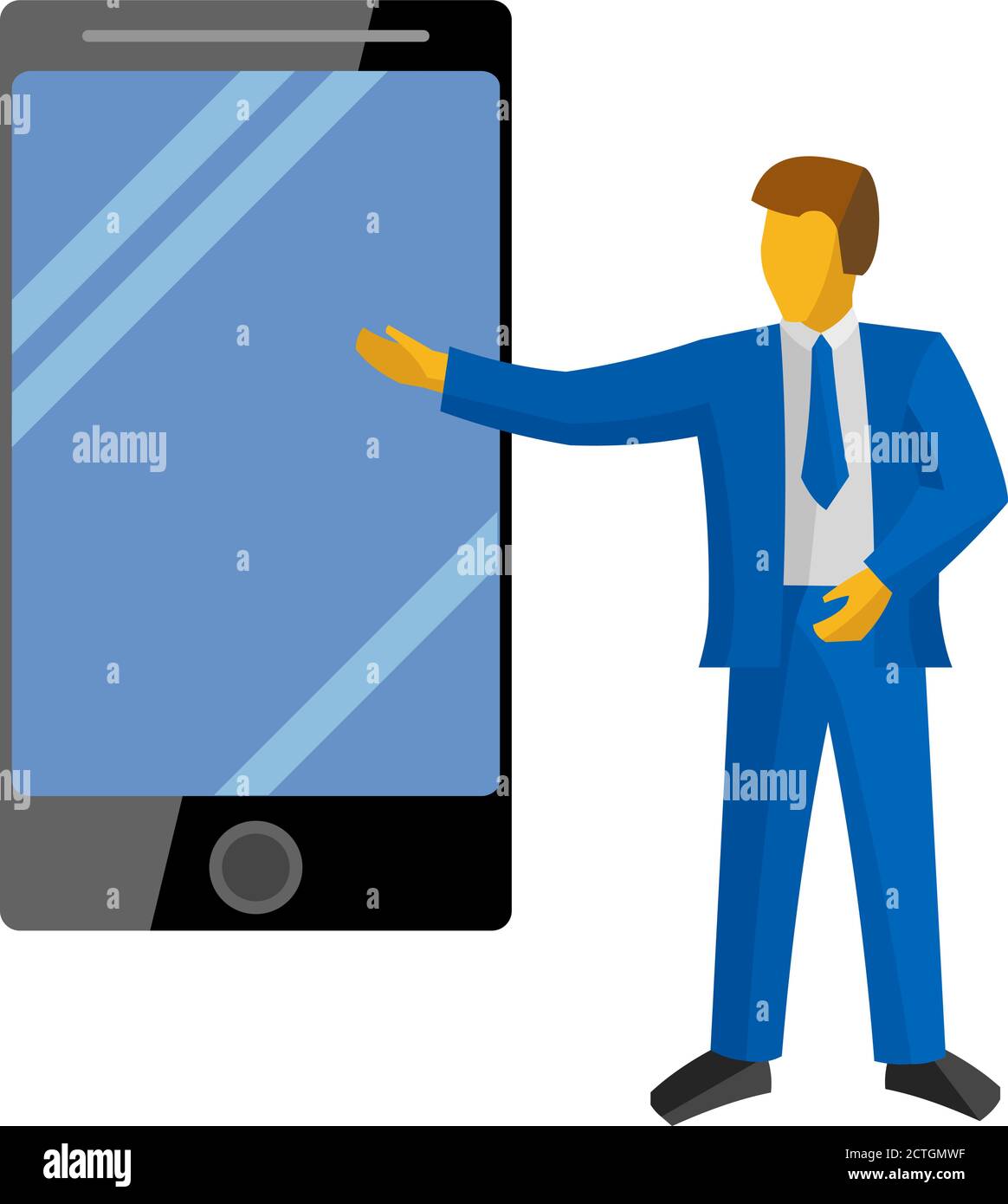 Geschäftsmann in blauen Anzug präsentieren neue große Telefon. Referent auf einer Pressekonferenz oder Präsentation. Isoliert auf weißem Hintergrund. Stock Vektor