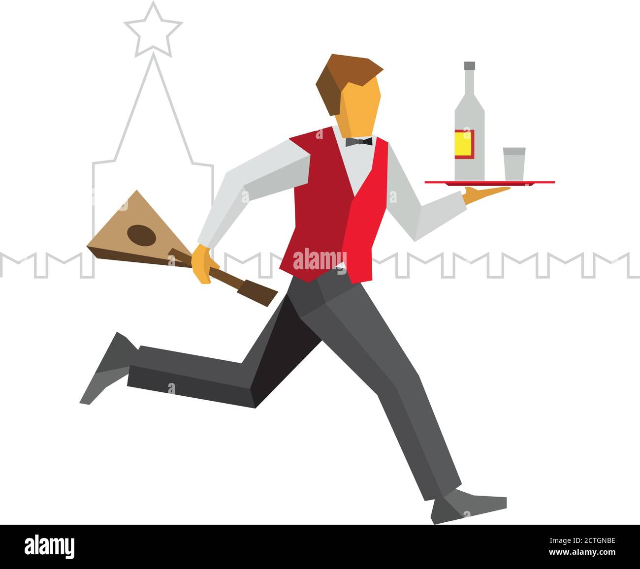 Kellner in roter Weste und schwarzer Hose läuft mit Wodka auf einem Tablett und balalika in der Hand. Kreml Silhouette auf der Rückseite. Russisches Restaurant lustig illus Stock Vektor
