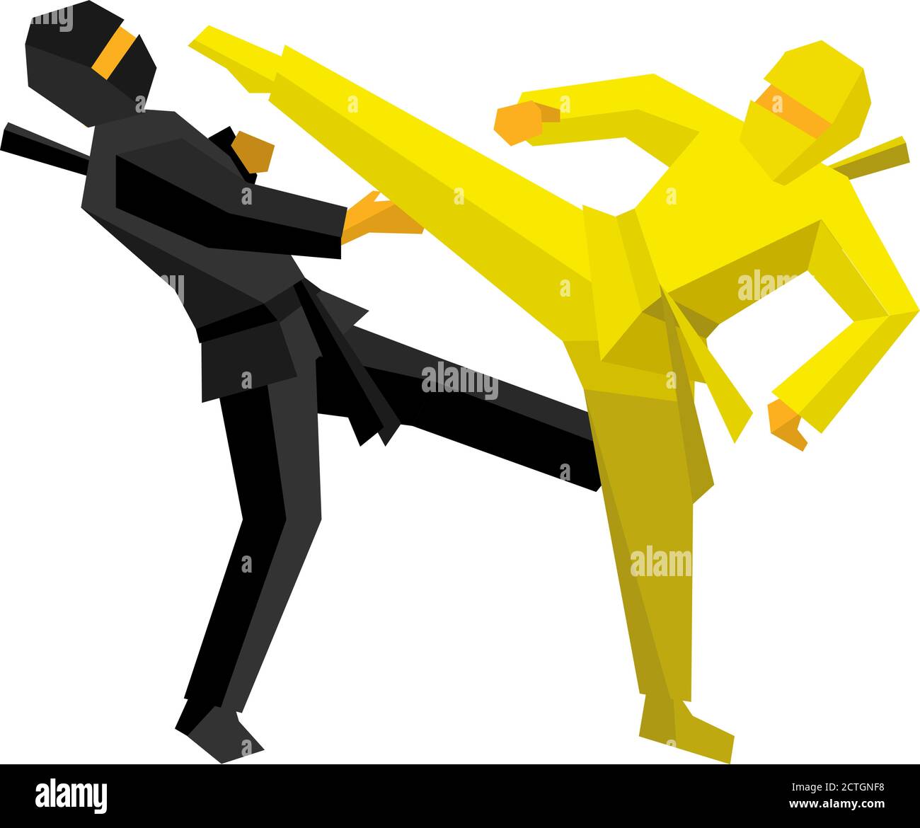 Schwarz und gelb Ninja Kampf. Kämpfer der Kampfkunst treffen einander. Vektorgrafik auf weißem Hintergrund. Stock Vektor