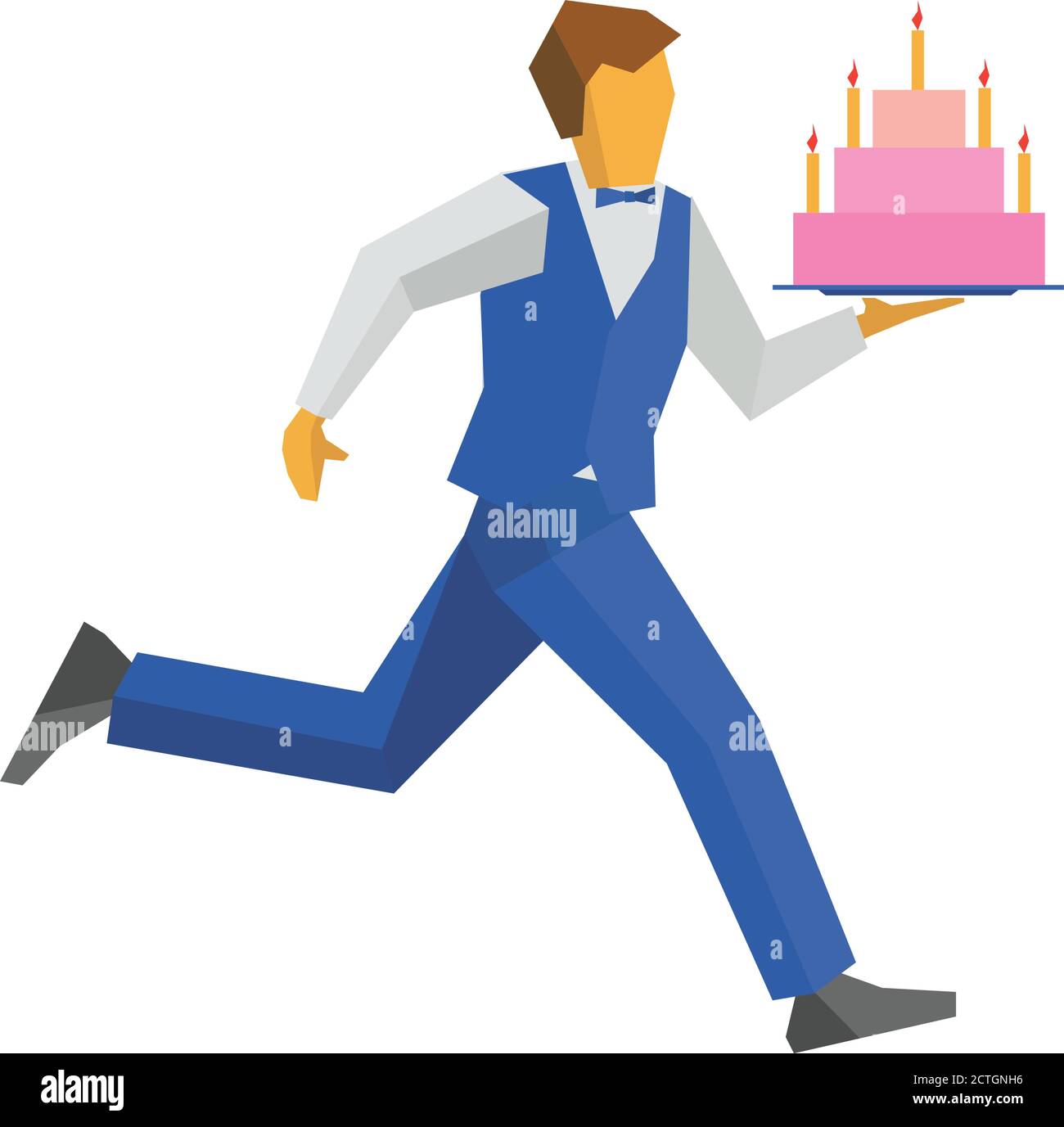 Kellner in blauer Weste und Hose läuft mit einem Kuchen auf einem Tablett. Leckerbissen zum Geburtstag oder anderen Feiern. Kochen oder Essen Konzept. Einfache flache Art vecto Stock Vektor