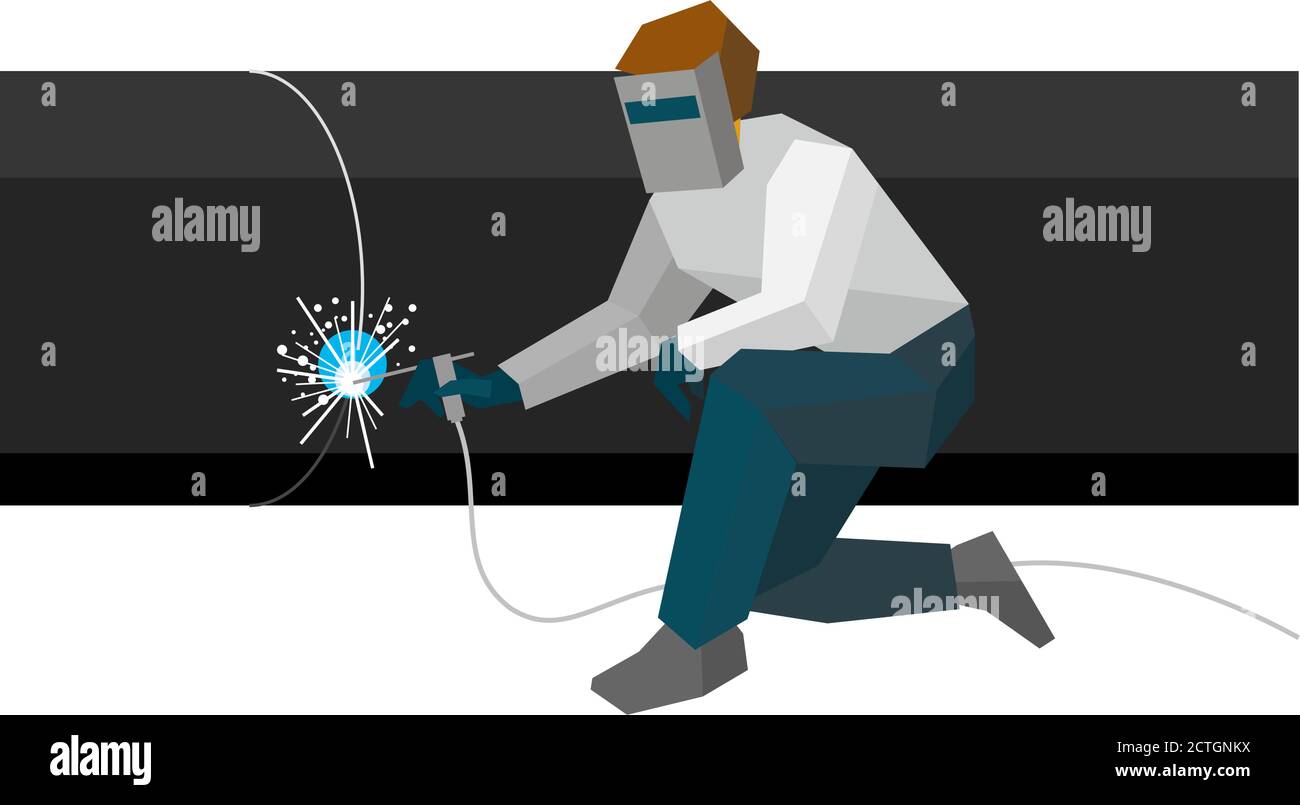 Schweißer in der Maske verbindet Metallrohre in der Pipeline. Flache Vektorgrafik isoliert auf weißem Hintergrund. Stock Vektor