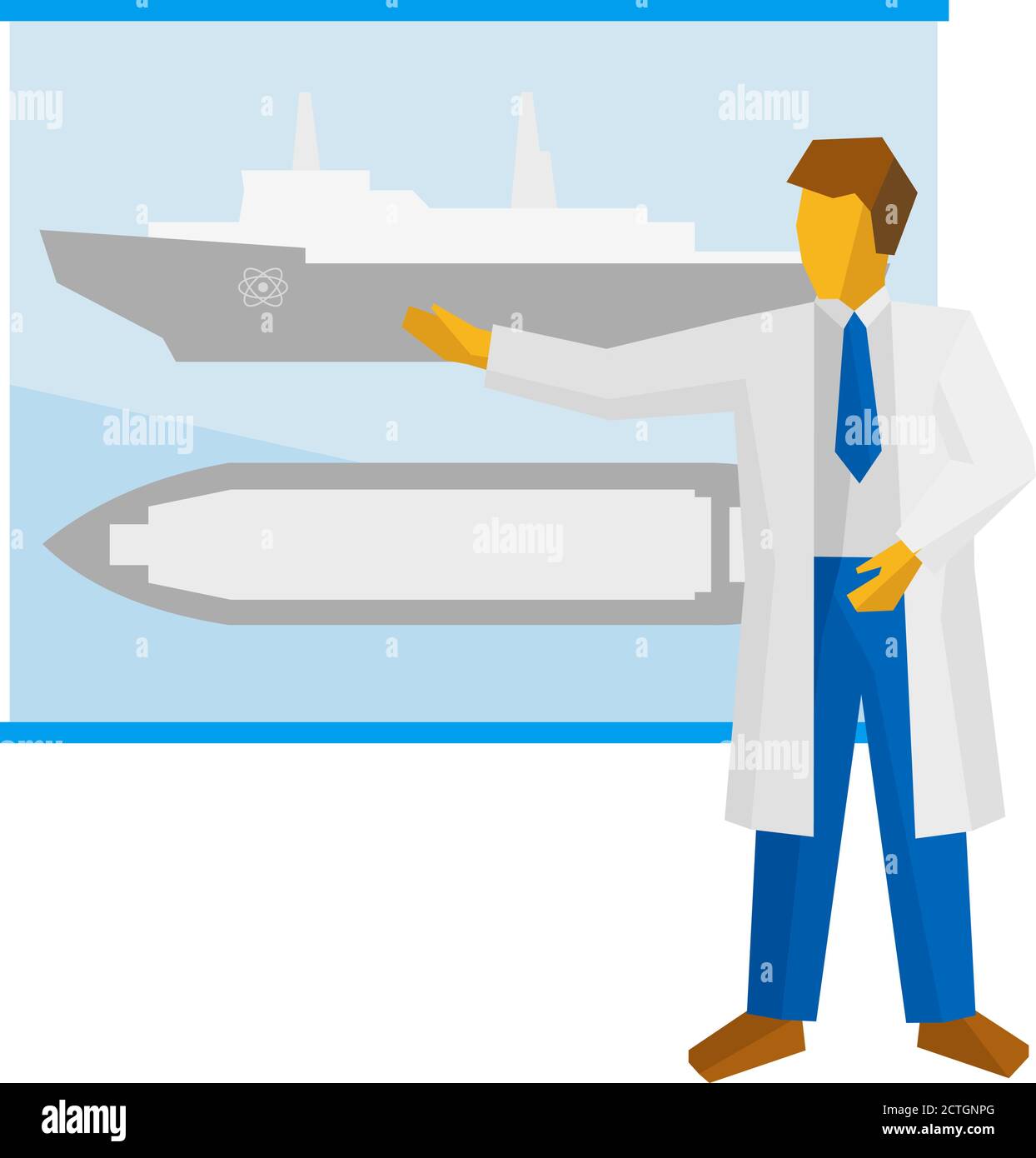 Der Wissenschaftler zeigt ein Poster mit einem Atomeisbrecher. Spezialist spricht über ein großes Schiff. Vektorbild ClipArt. Stock Vektor