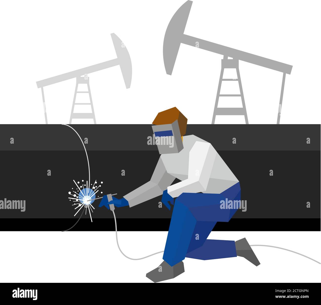 Schweißer in der Maske verbindet Metallrohre in der Pipeline. Ölpumpen hinten. Flache Vektorgrafik isoliert auf weißem Hintergrund. Stock Vektor